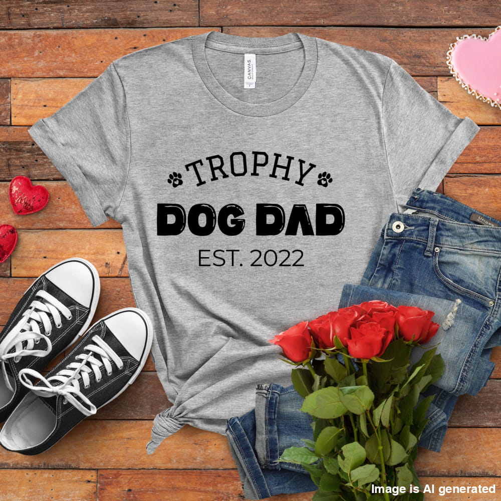 Gray t-shirt with 'Trophy Dog Dad Est. 2022' text, black sneakers, red roses, and jeans on a wooden surface.