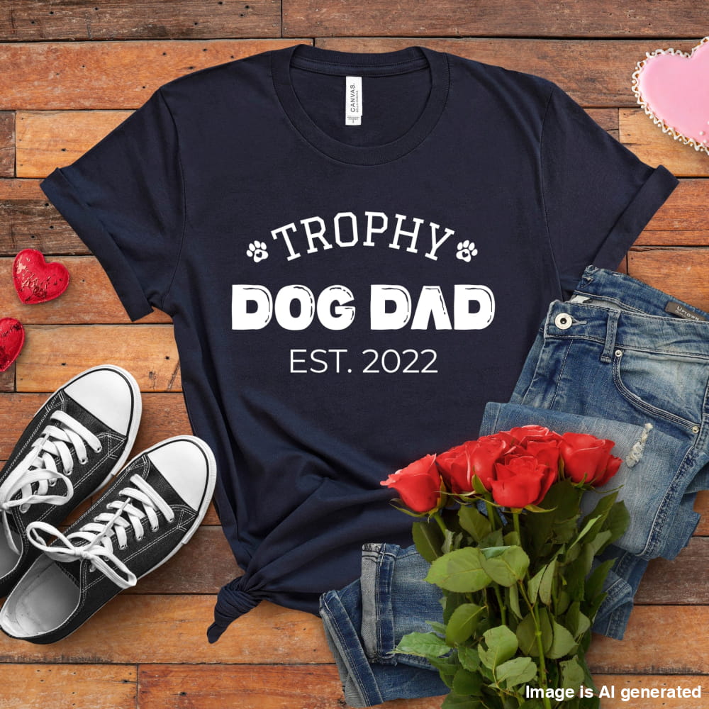 Navy blue t-shirt with 'Trophy Dog Dad Est. 2022' text, paired with black sneakers, red roses, and jeans on a wooden surface.