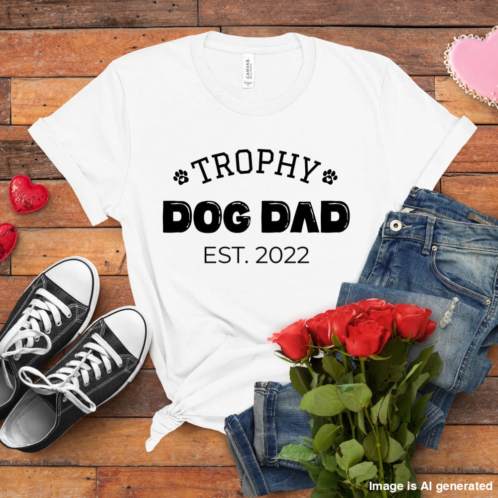 White t-shirt with 'Trophy Dog Dad Est. 2022' text, black sneakers, red roses, and jeans on a wooden surface.