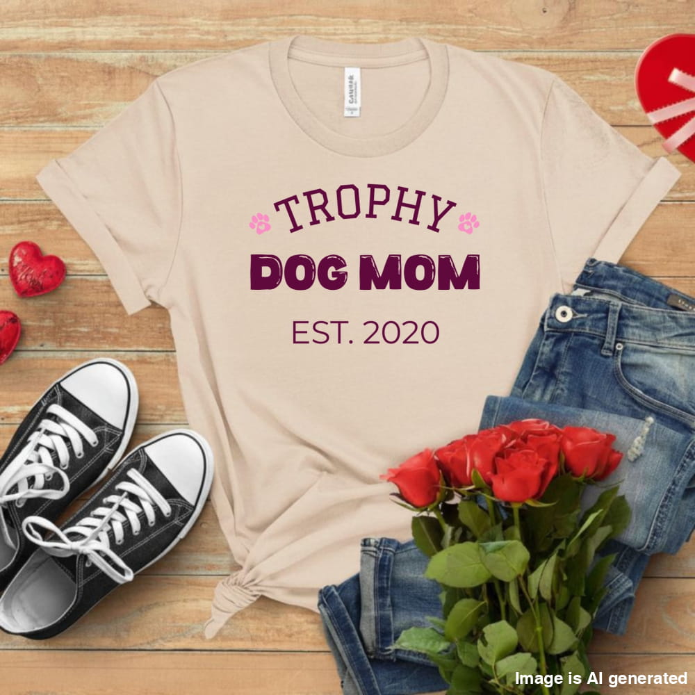Beige t-shirt with 'Trophy Dog Mom Est. 2020' text, black and white sneakers, red roses, and denim jeans on a wooden surface.