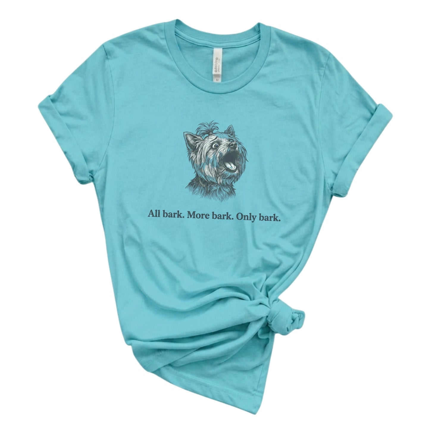 Light blue t-shirt with a dog graphic and text on a white background