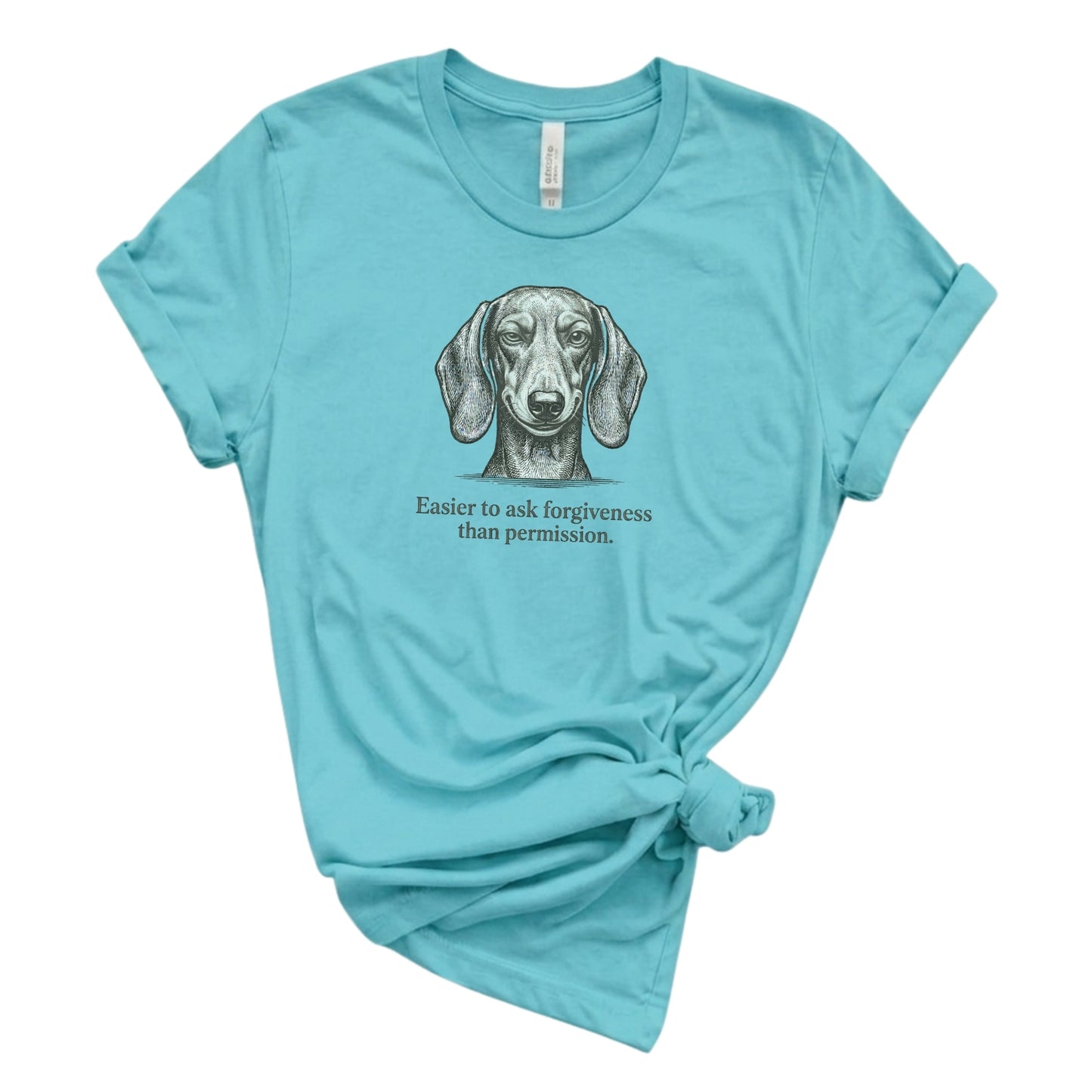 Light blue t-shirt with a dachshund graphic and text on a white background