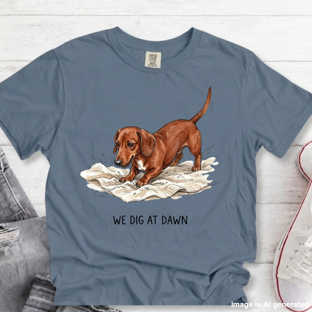 A slate blue graphic t-shirt featuring an illustration of a brown dachshund digging in white newspaper, with the text 'WE DIG AT DAWN' printed below. The t-shirt is styled in a flat-lay on a white wood background with jeans and a white sneaker partially visible.