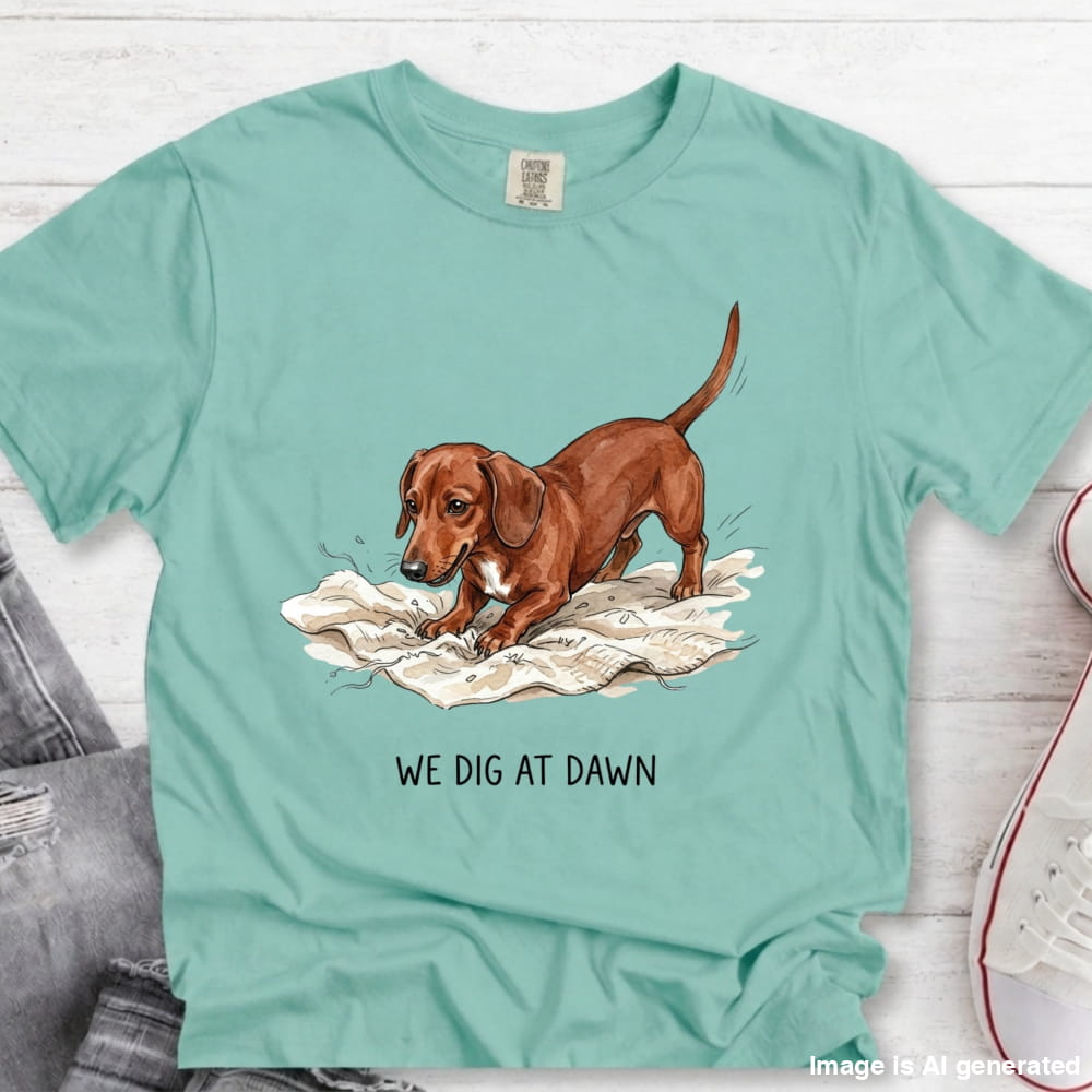 A mint green graphic t-shirt featuring a brown dachshund illustration digging in white newspaper, with the text 'WE DIG AT DAWN' printed below. The t-shirt is styled in a flat-lay on a white wood background with jeans and a sneaker partially visible.