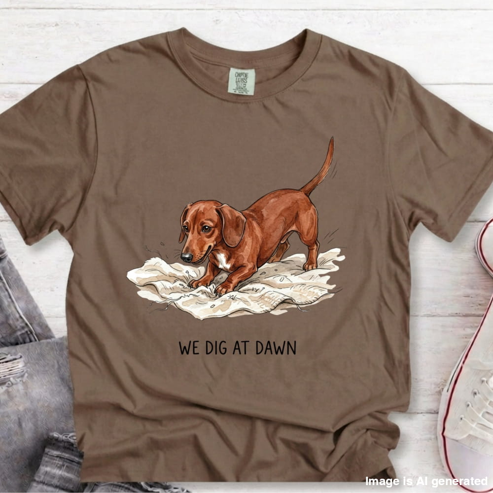 A brown short-sleeve graphic t-shirt laid flat on a white wood background, featuring an illustration of a dachshund digging in white papers with the text 'WE DIG AT DAWN' underneath.