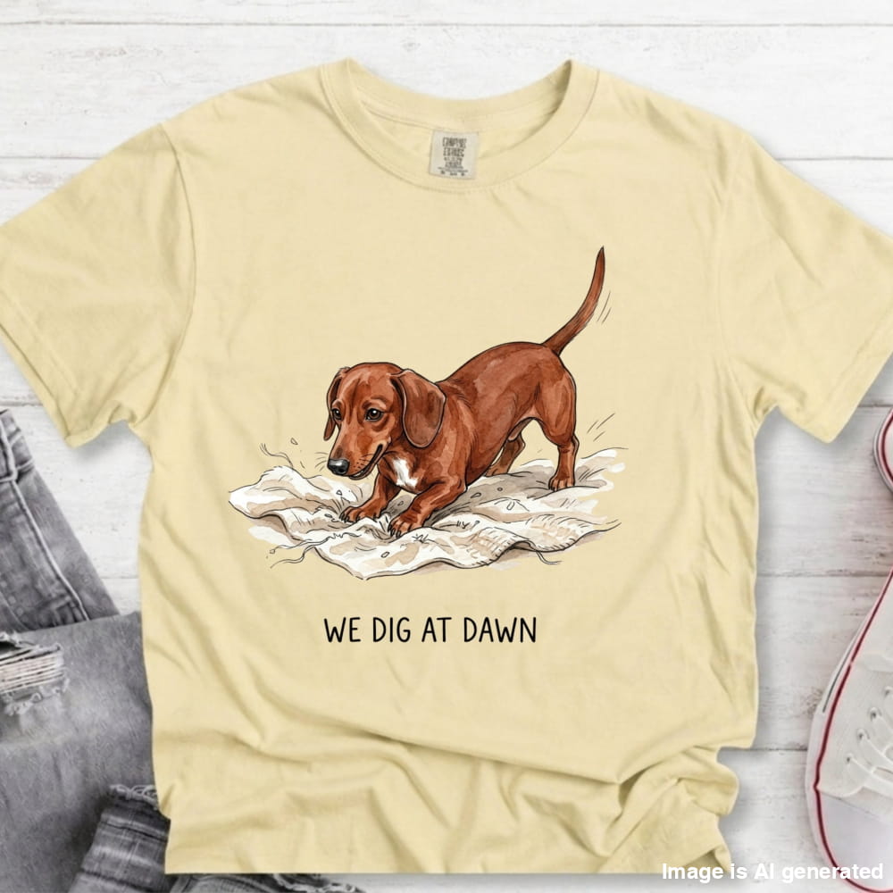 A pale yellow short-sleeve t-shirt with a graphic of a brown dachshund digging in white dirt and the text 'WE DIG AT DAWN' printed below. The t-shirt is styled in a flat-lay on a white wood background with jeans and a sneaker partially visible.