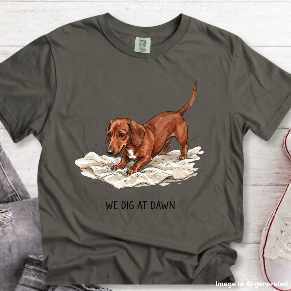 A dark gray t-shirt featuring a graphic of a brown dachshund digging in white soil with the text 'WE DIG AT DAWN' printed below. The t-shirt is laid flat on a white wood background with jeans and a sneaker partially visible as styling props.