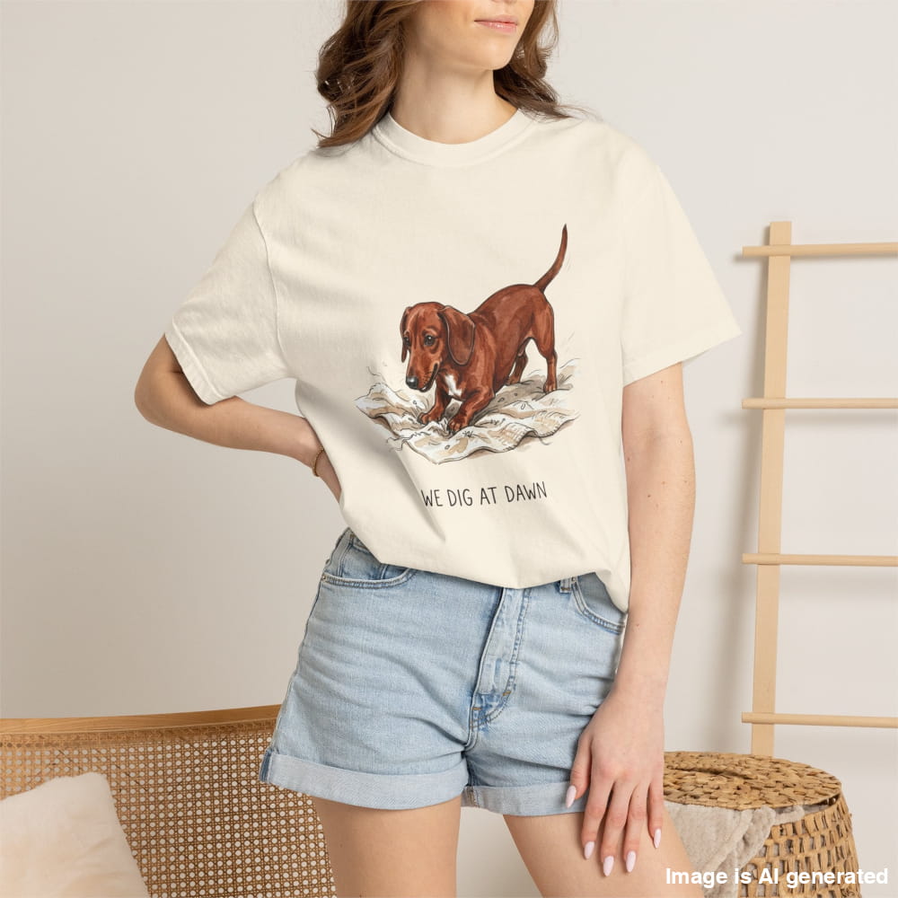 A woman wearing a cream-colored graphic t-shirt with a brown dachshund illustration and the text 'WE DIG AT DAWN', paired with light blue denim shorts in a warm, neutral-toned room setting.