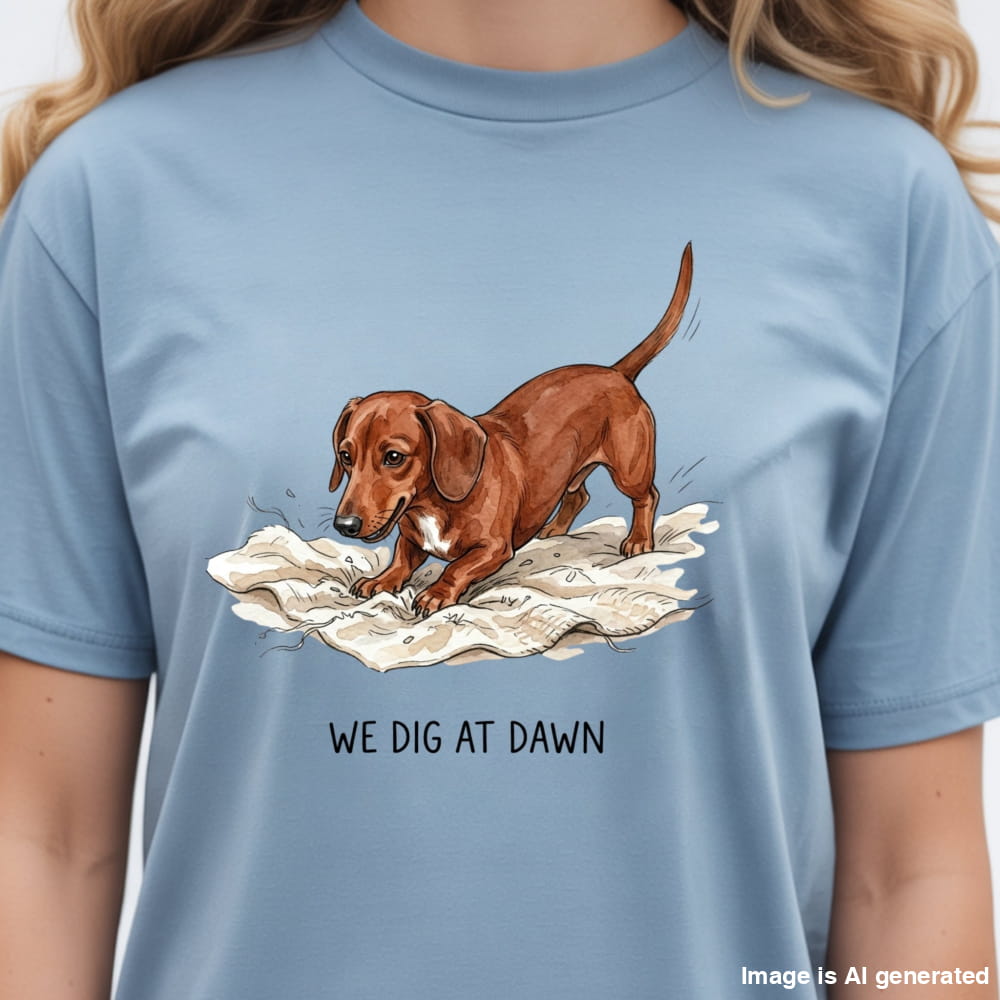 A person wearing a light blue crewneck t-shirt with a graphic of a brown dachshund digging in snow and the text 'WE DIG AT DAWN' printed below.