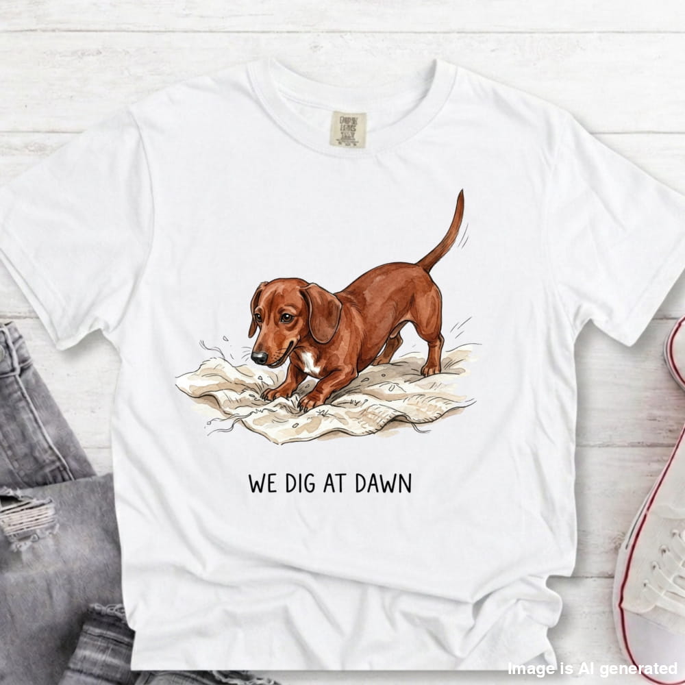 A white short-sleeve graphic T-shirt laid flat on a light wood surface, featuring a brown dachshund illustration digging in crumpled paper with the text 'WE DIG AT DAWN' underneath. Partial jeans and a sneaker are visible at the edges as styling props.