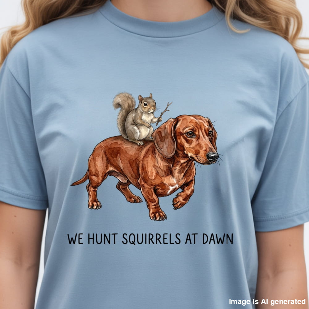 A person wearing a light blue crewneck t-shirt with a graphic of a brown dachshund and a gray squirrel, with the text 'WE HUNT SQUIRRELS AT DAWN' printed below.