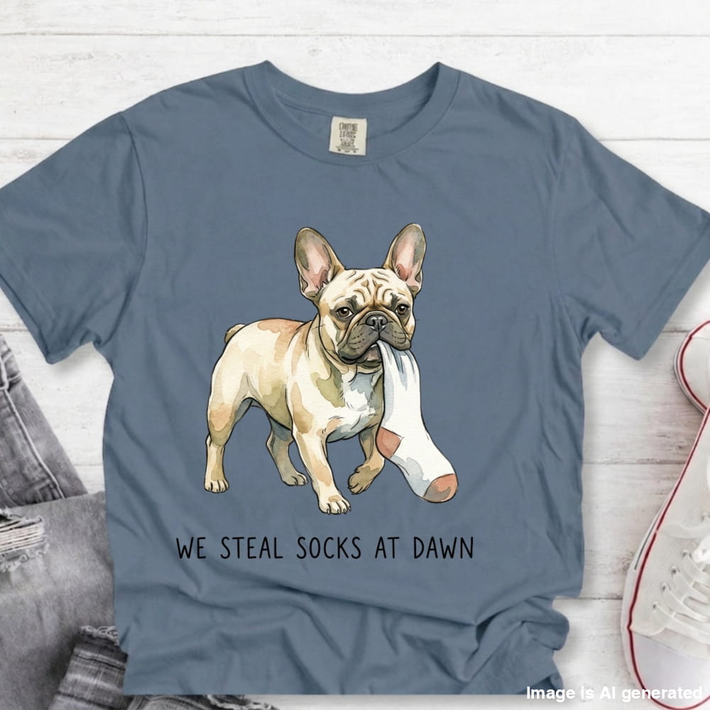 A slate blue graphic t-shirt featuring a French Bulldog carrying a white sock, with the text 'WE STEAL SOCKS AT DAWN' printed below. The t-shirt is styled in a flat-lay arrangement on a white wood background with jeans and a sneaker partially visible.