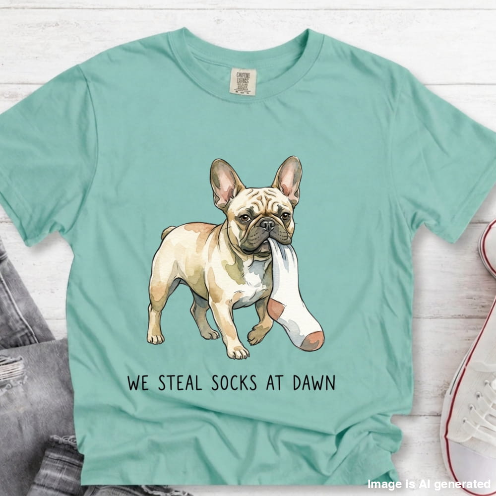 A mint green graphic t-shirt laid flat on a white wood background, featuring an illustration of a French Bulldog holding a white sock in its mouth, with the text 'WE STEAL SOCKS AT DAWN' printed below.