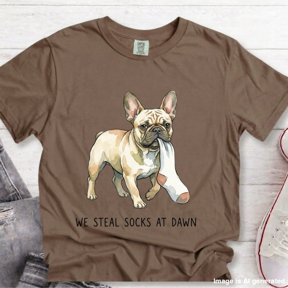 A brown short-sleeve graphic T-shirt laid flat on a light wood surface, featuring an illustration of a French bulldog carrying a white sock in its mouth, with the text 'WE STEAL SOCKS AT DAWN' printed below.