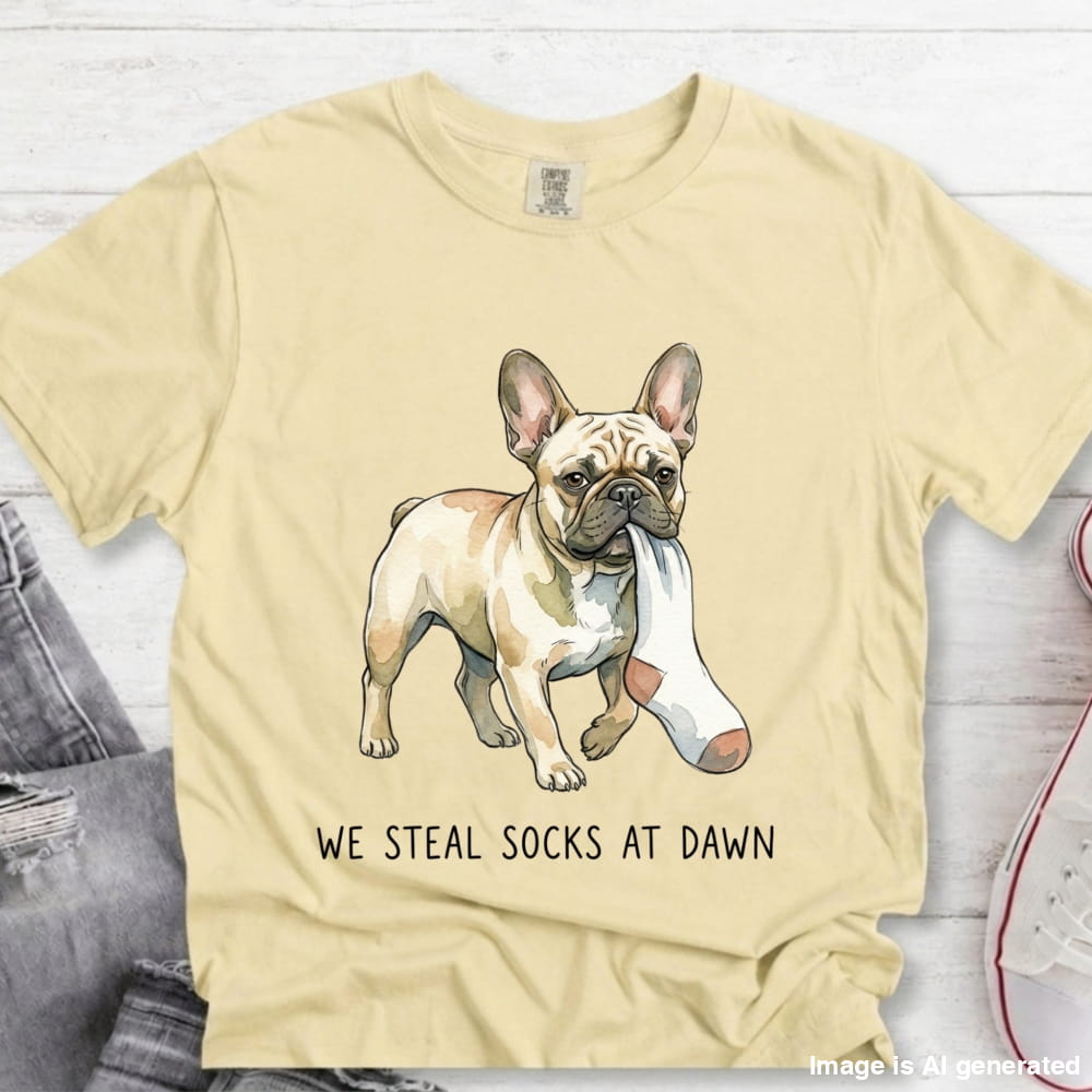 A pale yellow graphic t-shirt laid flat on a white wood background, featuring a French Bulldog carrying a white sock in its mouth with the text 'WE STEAL SOCKS AT DAWN' underneath.
