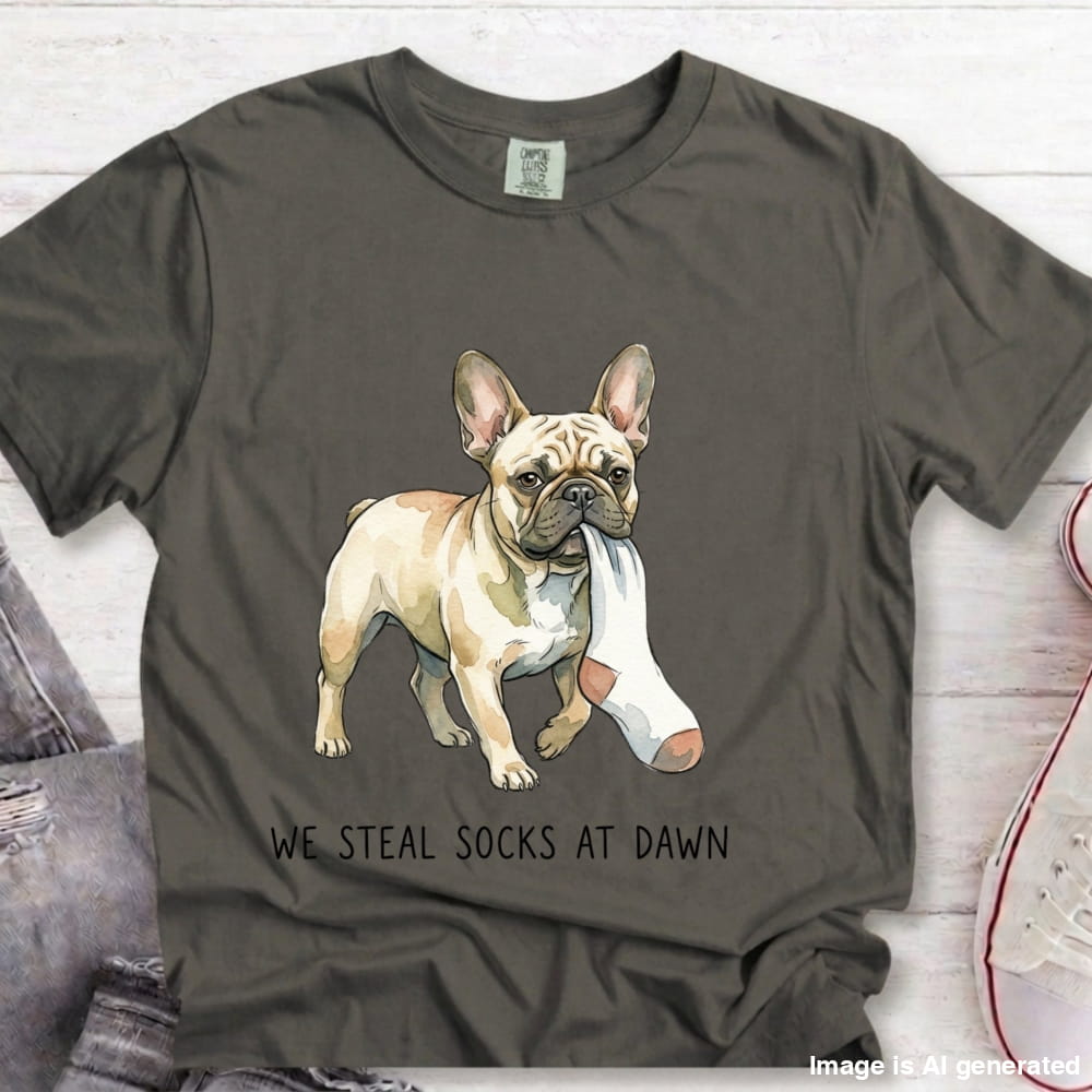 A dark gray t-shirt featuring a graphic of a French Bulldog wearing a white cast on one leg, with the text 'WE STEAL SOCKS AT DAWN' printed below. The t-shirt is styled in a flat-lay arrangement on a white wood background with jeans and a sneaker partially visible.