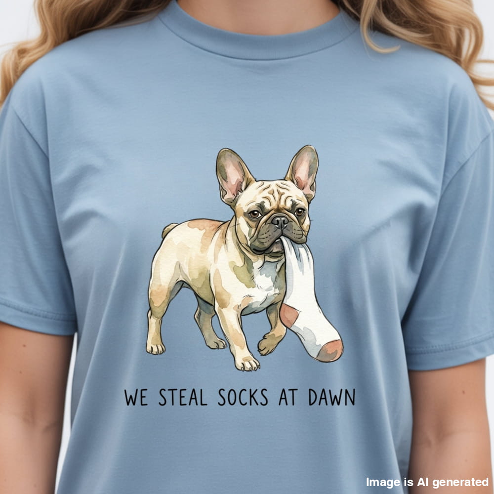 A light blue crewneck t-shirt featuring a graphic of a French Bulldog carrying a white cast on its back, with the text 'WE STEAL SOCKS AT DAWN' printed below. The shirt is shown on a model.