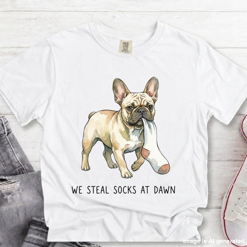 A white short-sleeve graphic T-shirt laid flat on a light wood surface, featuring an illustrated French bulldog wearing a pink-and-white sock and the text 'WE STEAL SOCKS AT DAWN.' A folded pair of jeans and part of a sneaker are visible as styling props.