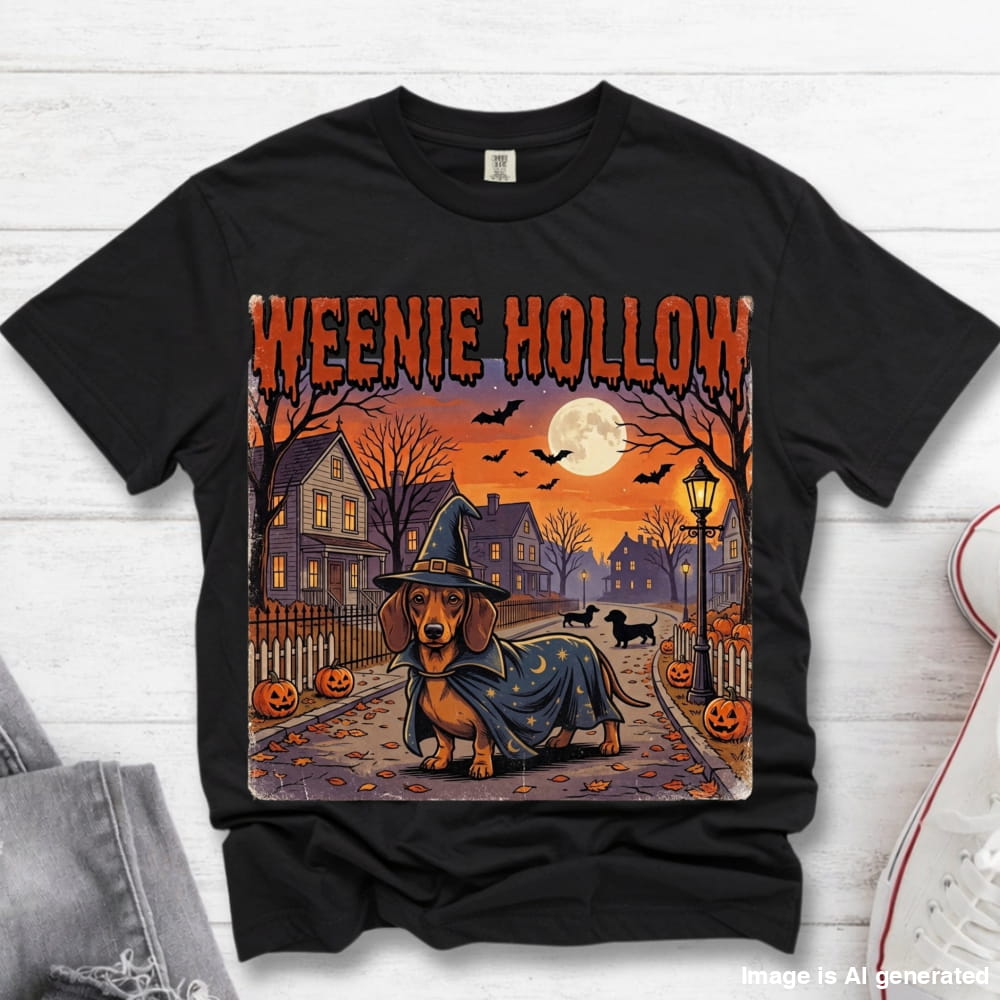 A black short-sleeve graphic T-shirt laid flat on a white wood background, featuring a Halloween scene with a dachshund dressed as a witch, pumpkins, houses, bats, and the text 'WEENIE HOLLOW.' A gray denim jacket corner and part of a white sneaker are visible at the edges as styling props.