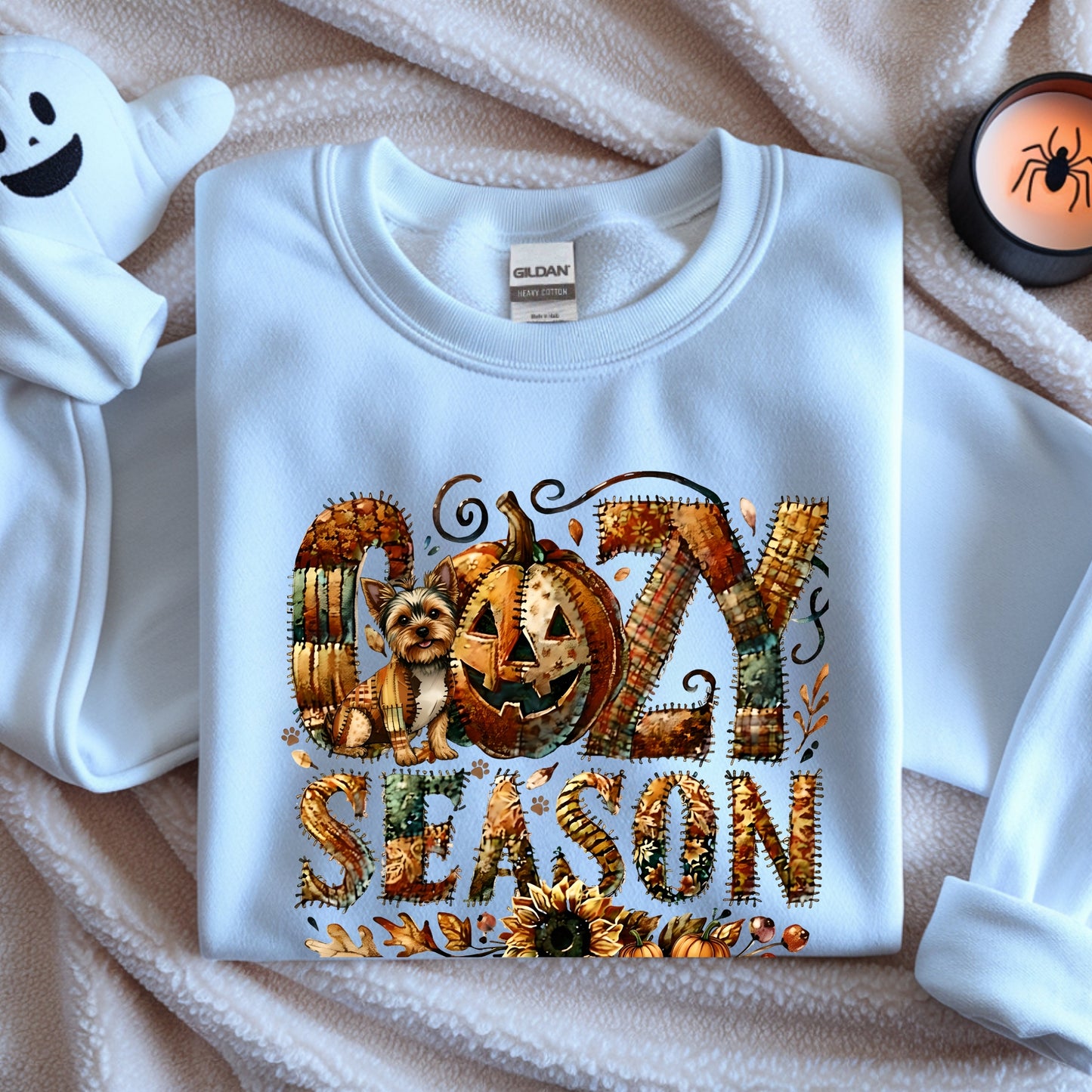 Cozy Season Yorkie Premium Sweatshirt – Autumn Halloween Patchwork Edition