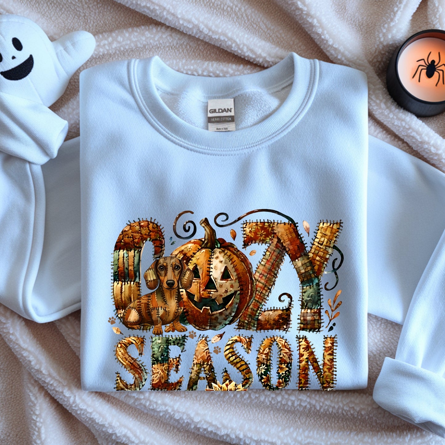 Cozy Season Dachshound Premium Sweatshirt – Autumn Halloween Patchwork Edition