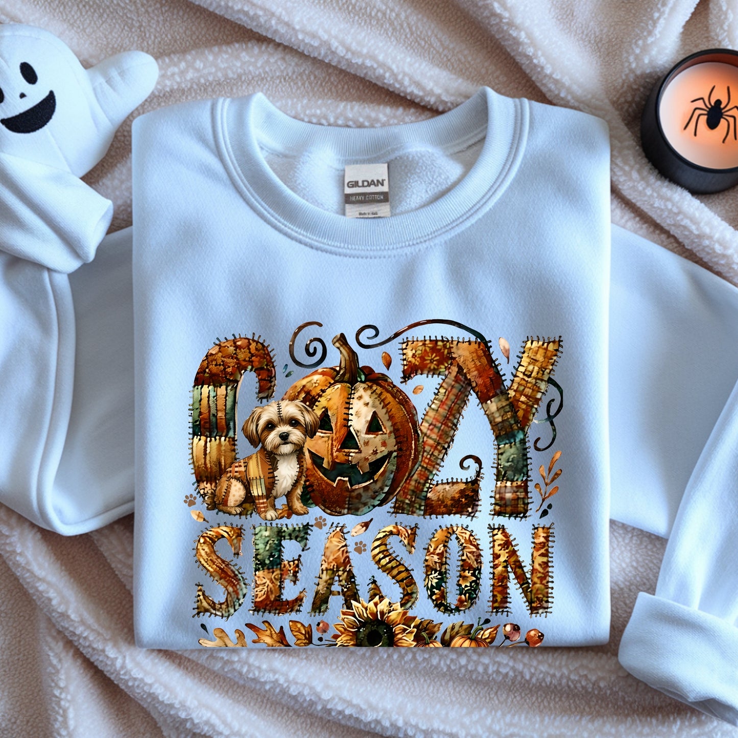 Cozy Season Shi Tzu Premium Sweatshirt – Autumn Halloween Patchwork Edition
