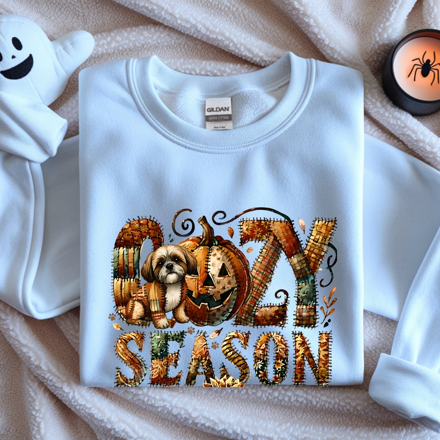 Cozy Season Maltese Premium Sweatshirt – Autumn Halloween Patchwork Edition