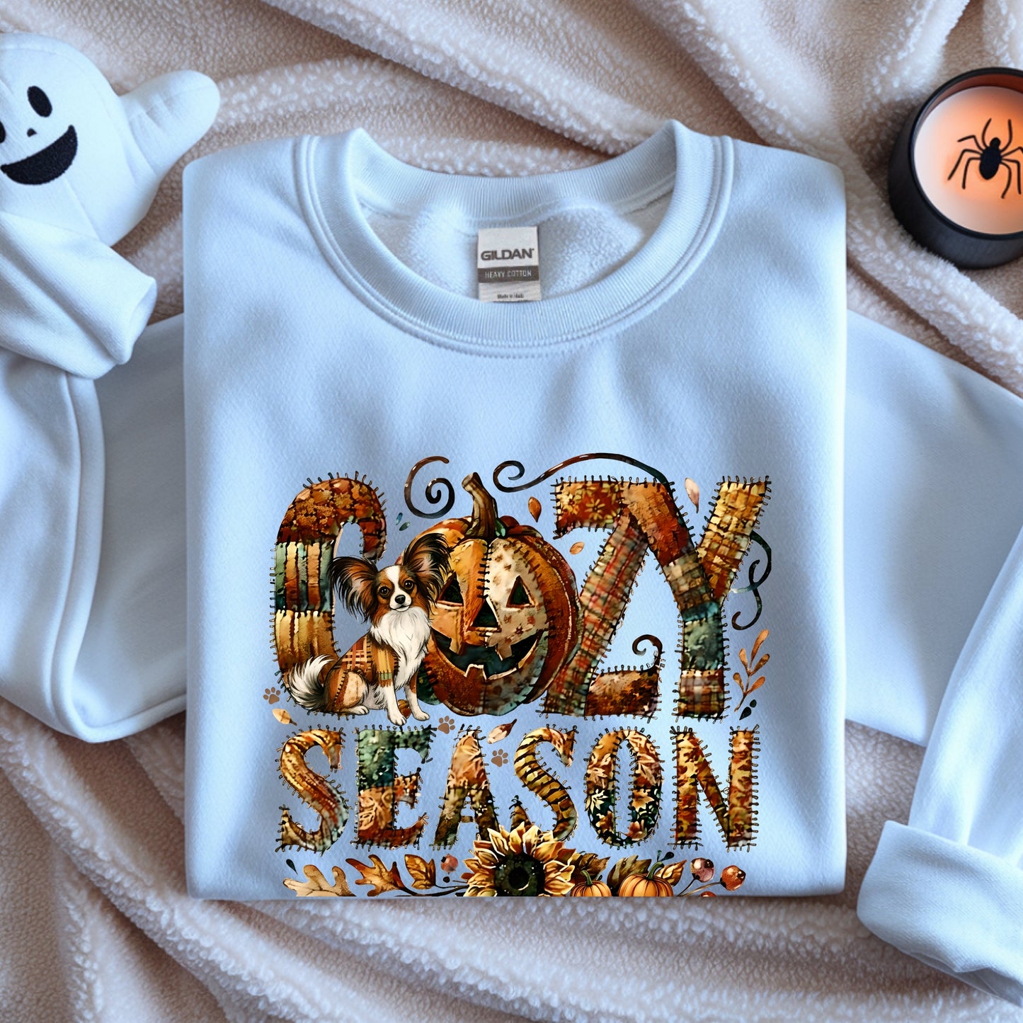 Cozy Season Papillon Premium Sweatshirt – Autumn Halloween Patchwork Edition