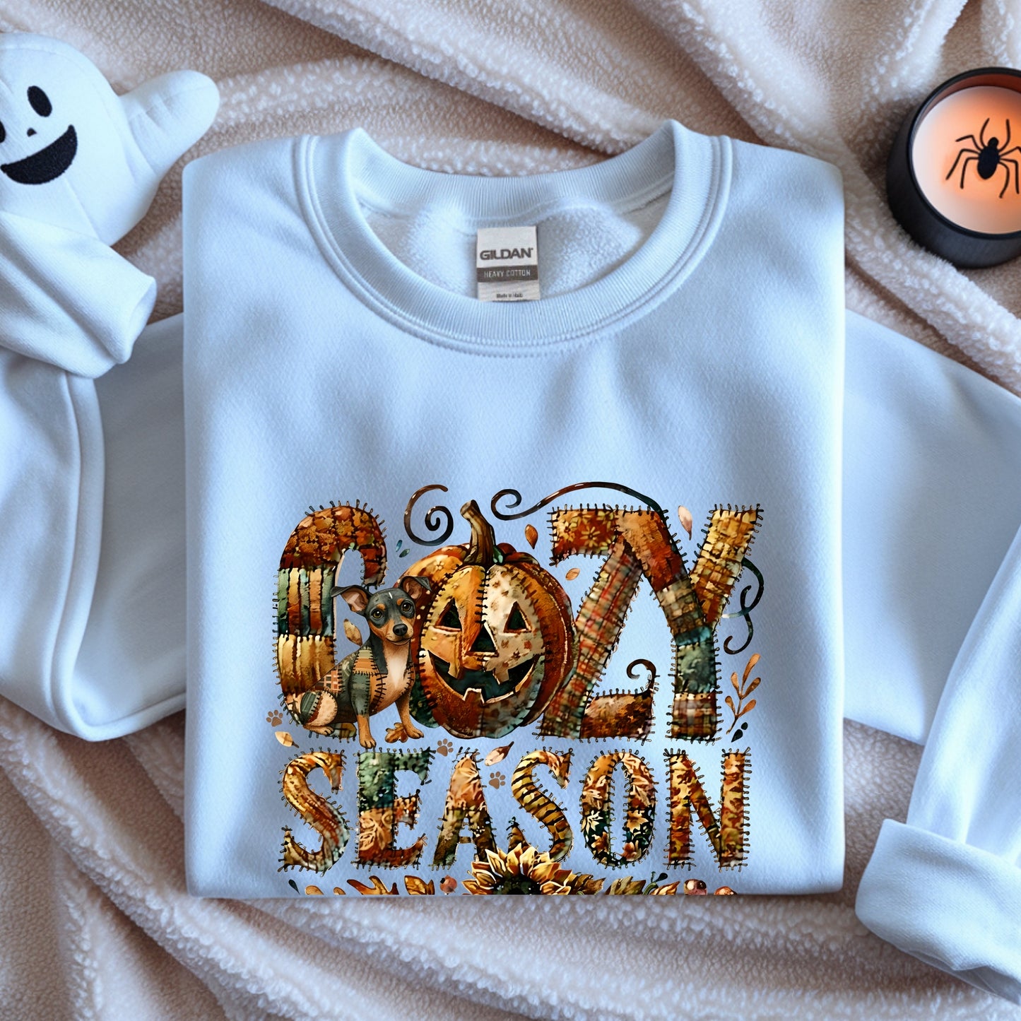 Cozy Season Mini Pinscher Premium Sweatshirt – Autumn Halloween Patchwork Edition