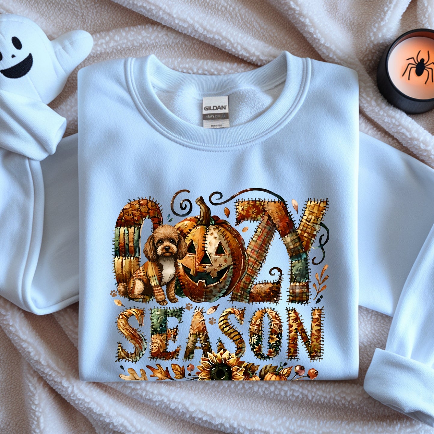 Cozy Season Toy Poodle Premium Sweatshirt – Autumn Halloween Patchwork Edition
