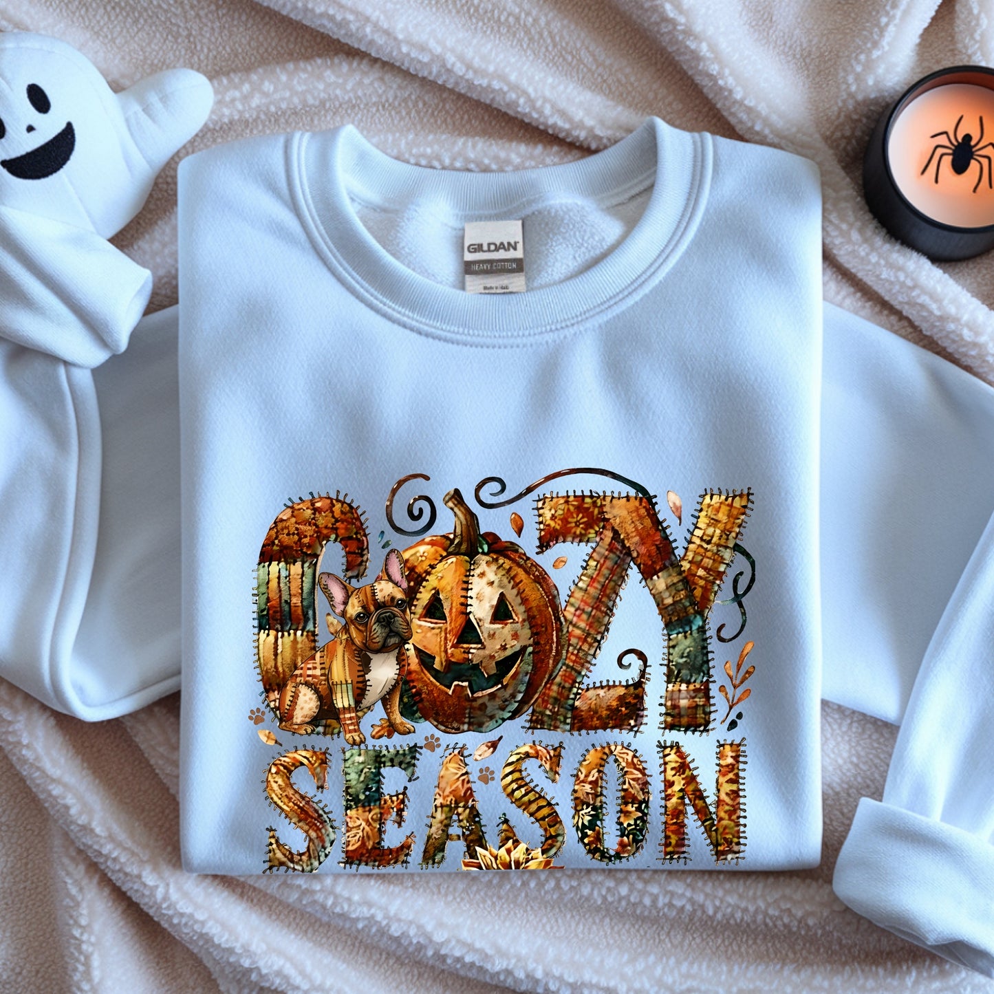 Cozy Season Frenchie Premium Sweatshirt – Autumn Halloween Patchwork Edition