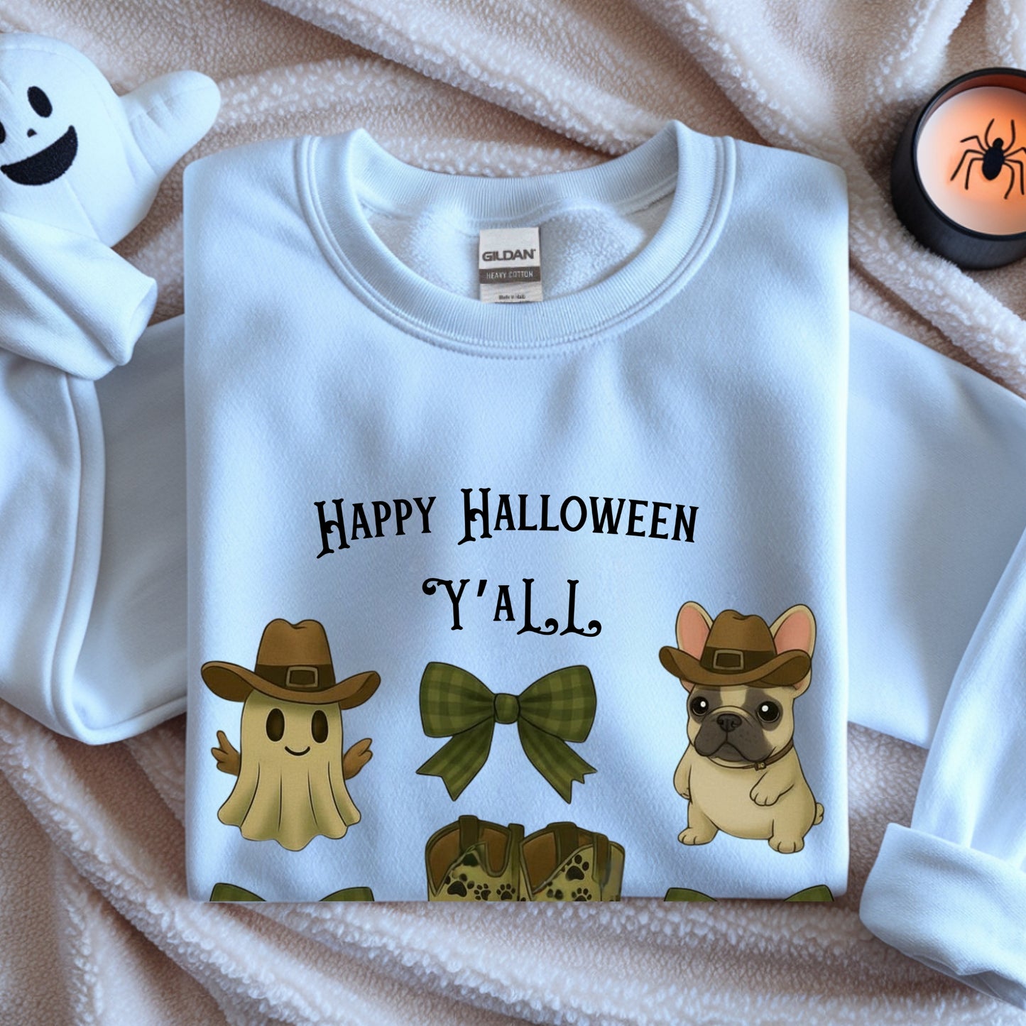 Frenchie’s Happy Halloween Y’all – Western Ghost & Cowboy Boots Unisex Premium Sweatshirt