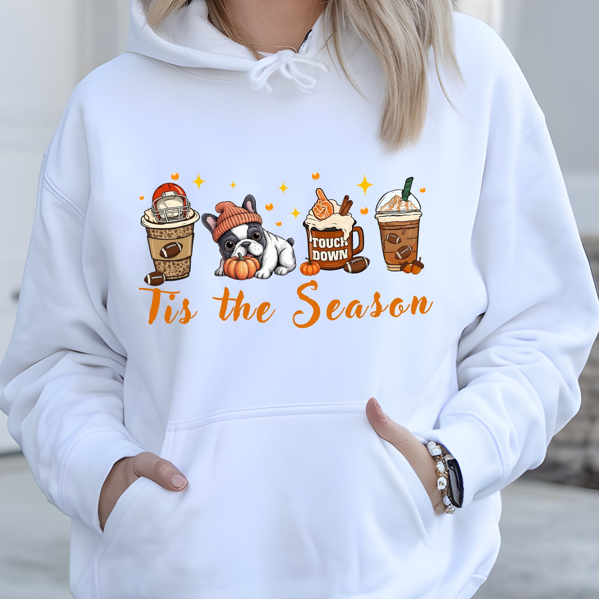 White hoodie with cute French Bulldog, pumpkin, football mug, autumn drinks and “Tis the Season” text