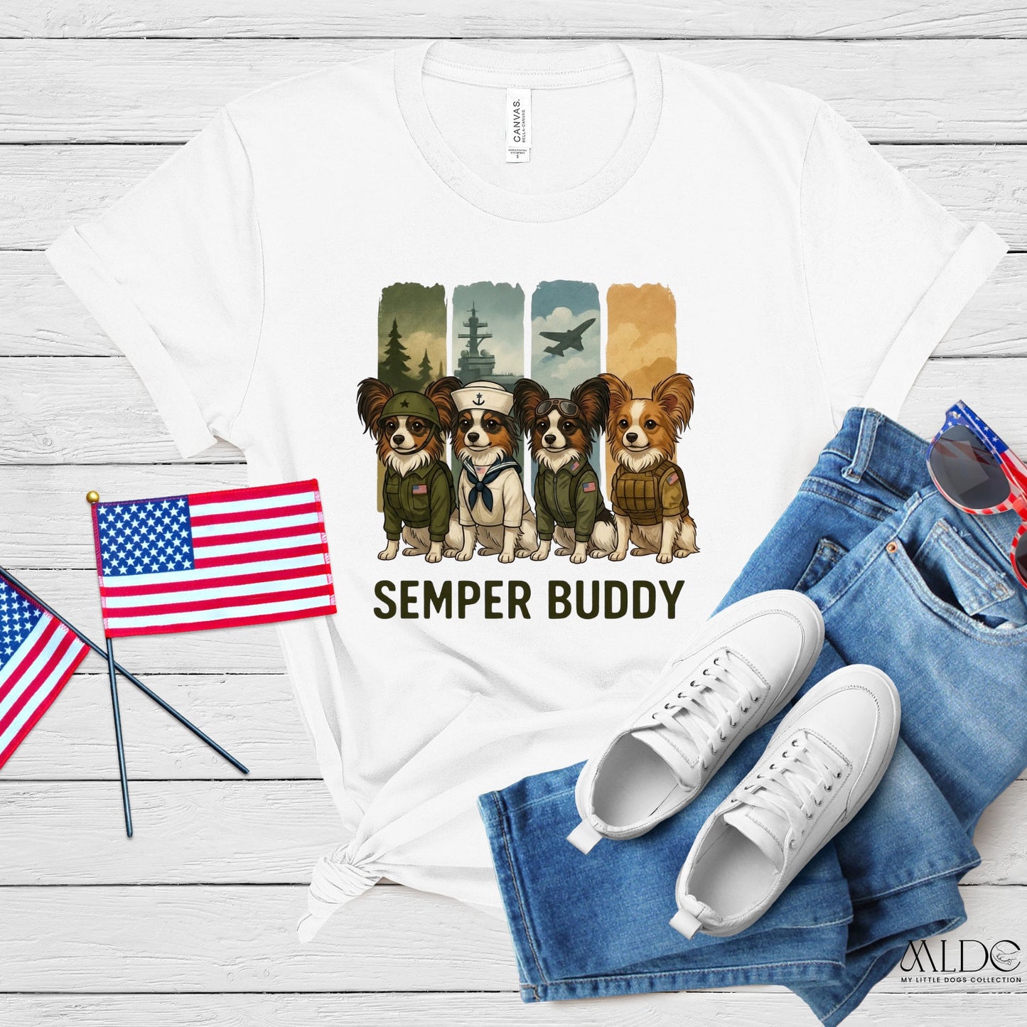 Semper Buddy Papillon Premium Tee — Small Dog, Big Patriot