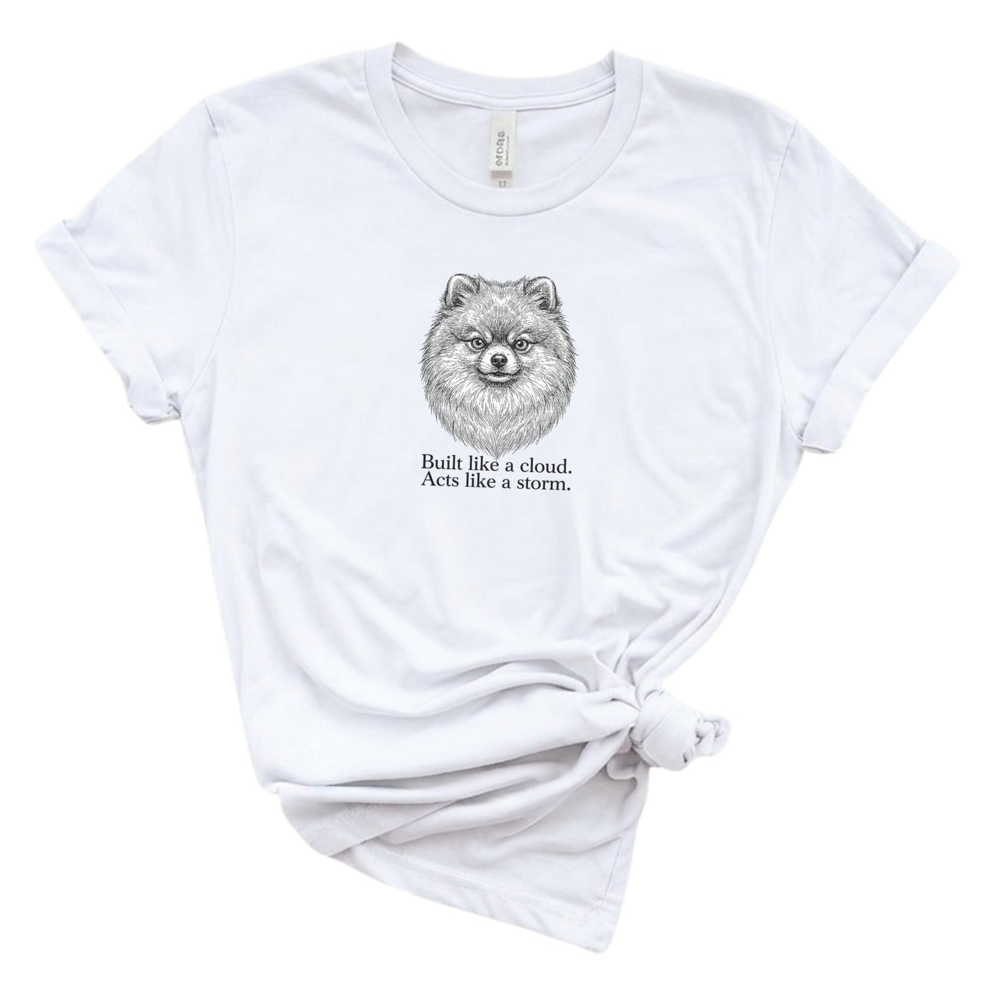 White t-shirt with a dog illustration and text on a white background