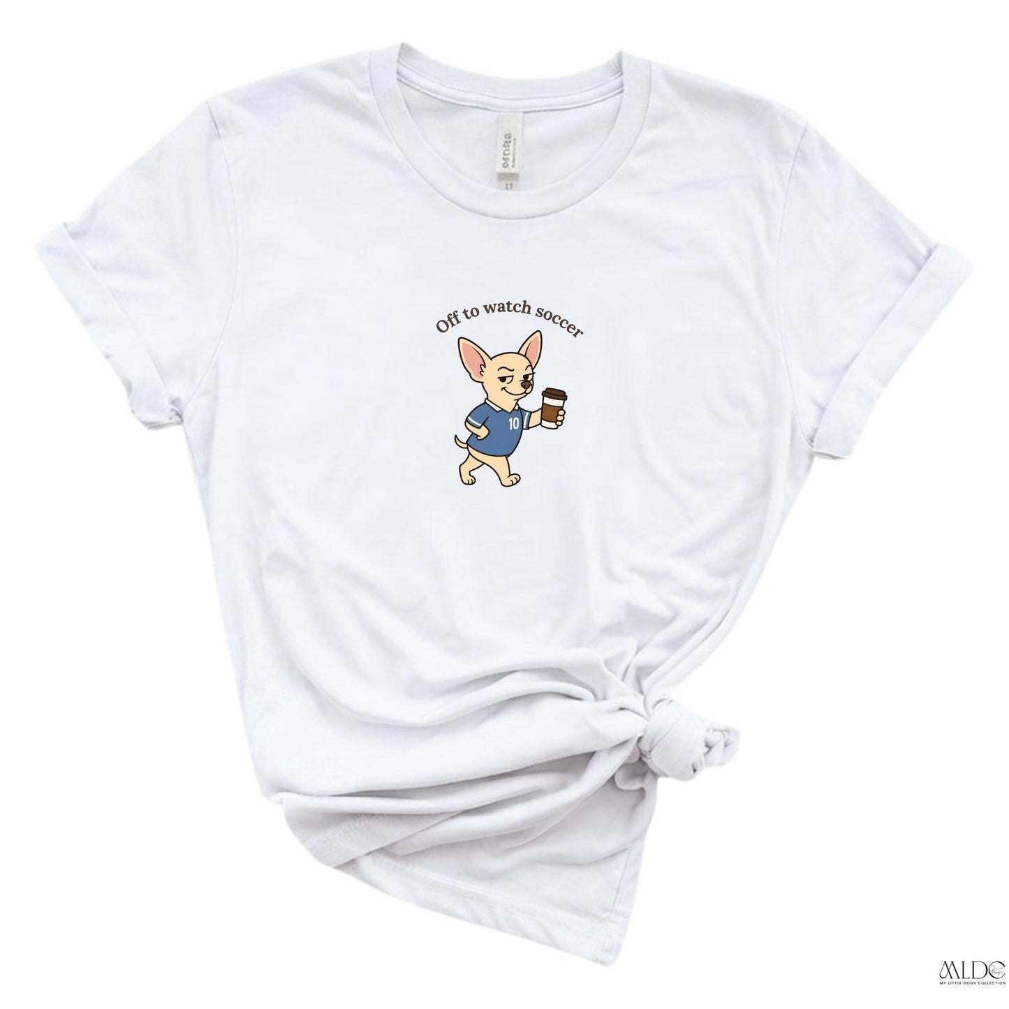 White t-shirt with a cartoon dog graphic and text on a white background