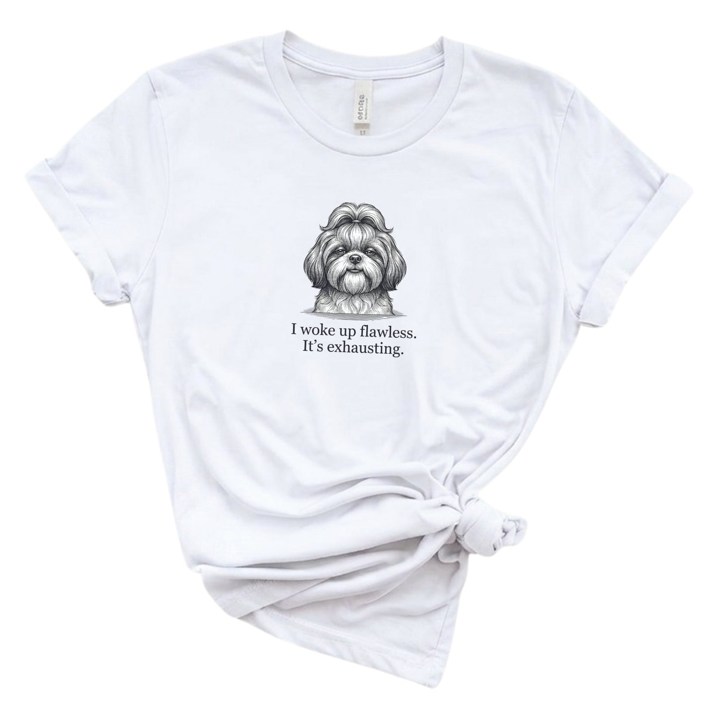 White t-shirt with a dog illustration and text on a white background