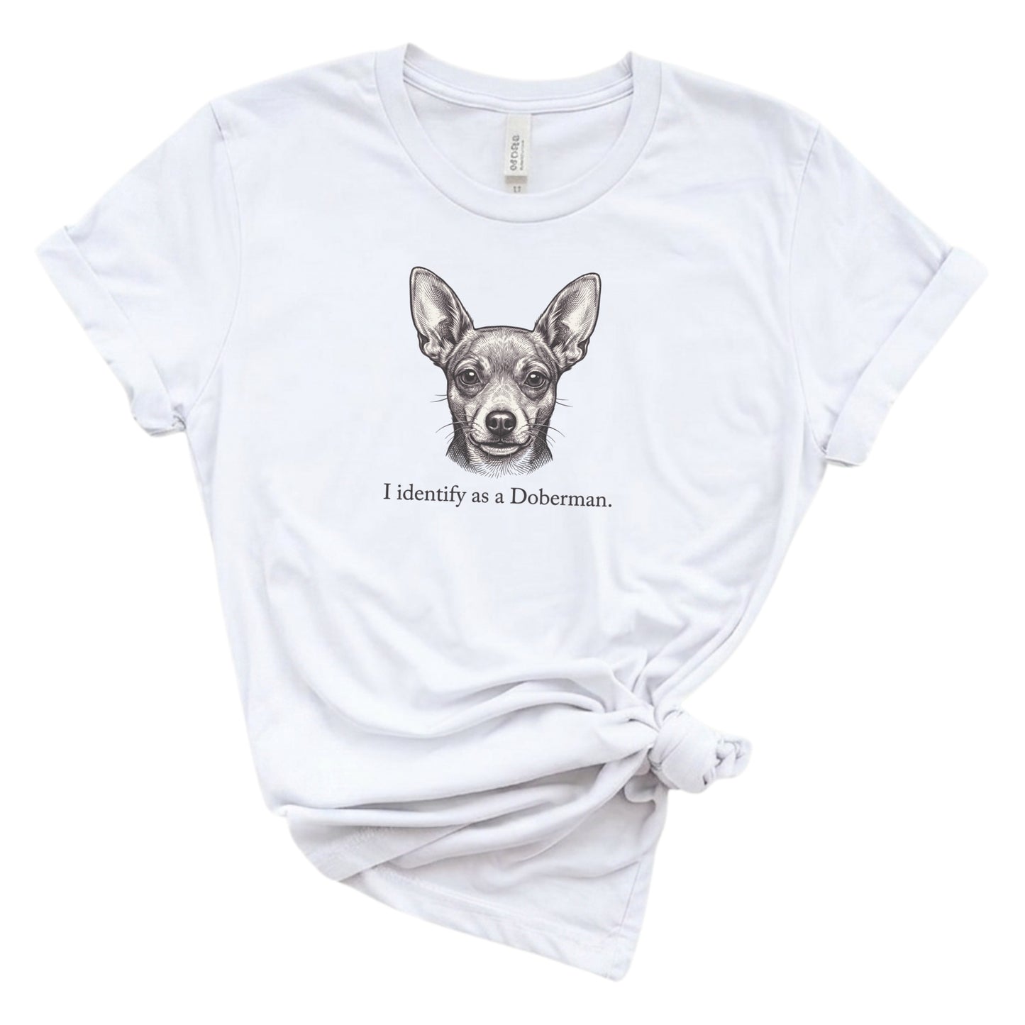 White t-shirt with a dog illustration and text on a white background