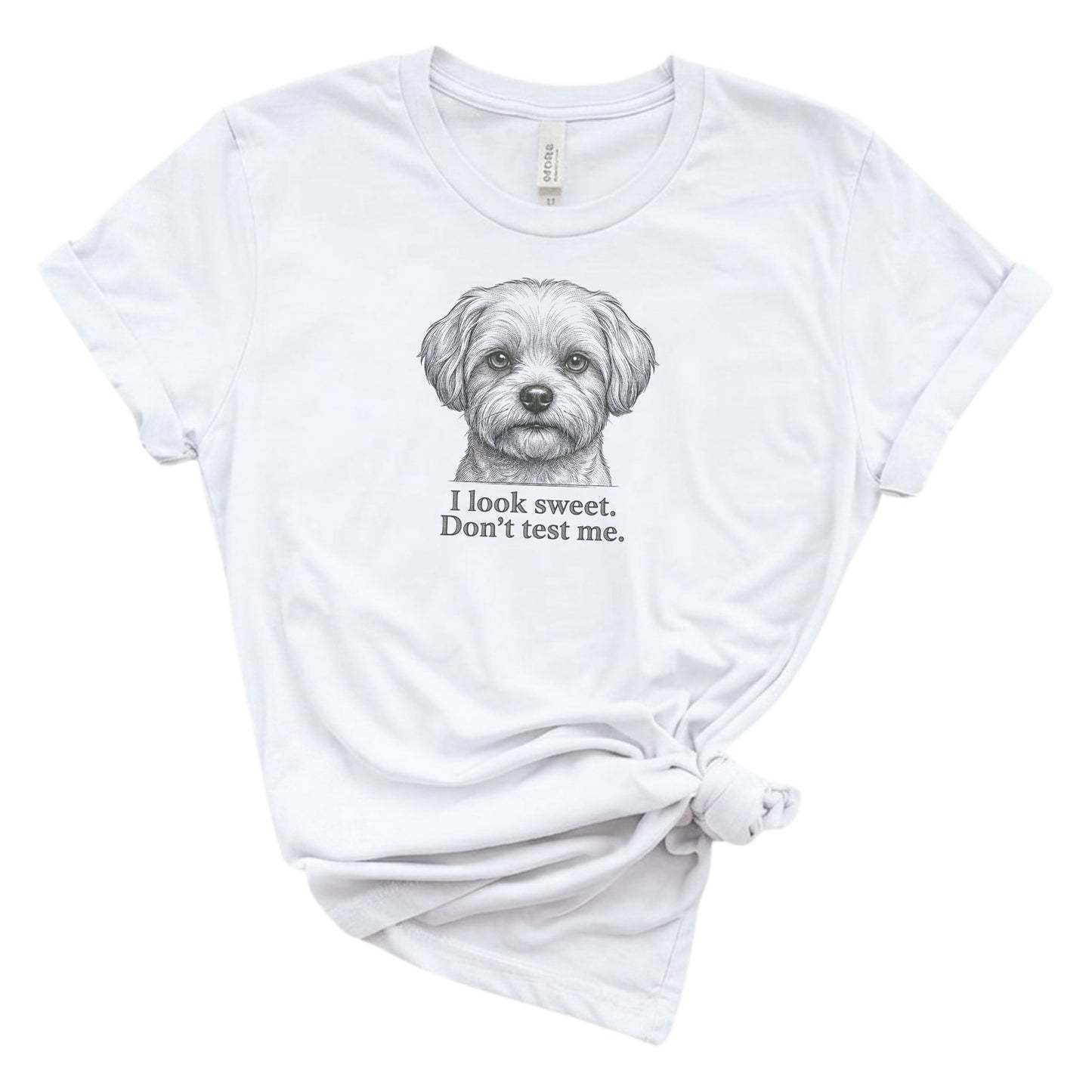 White t-shirt with a dog graphic and text on a white background