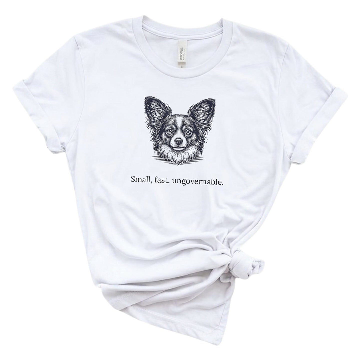 White t-shirt with a dog illustration and text on a white background