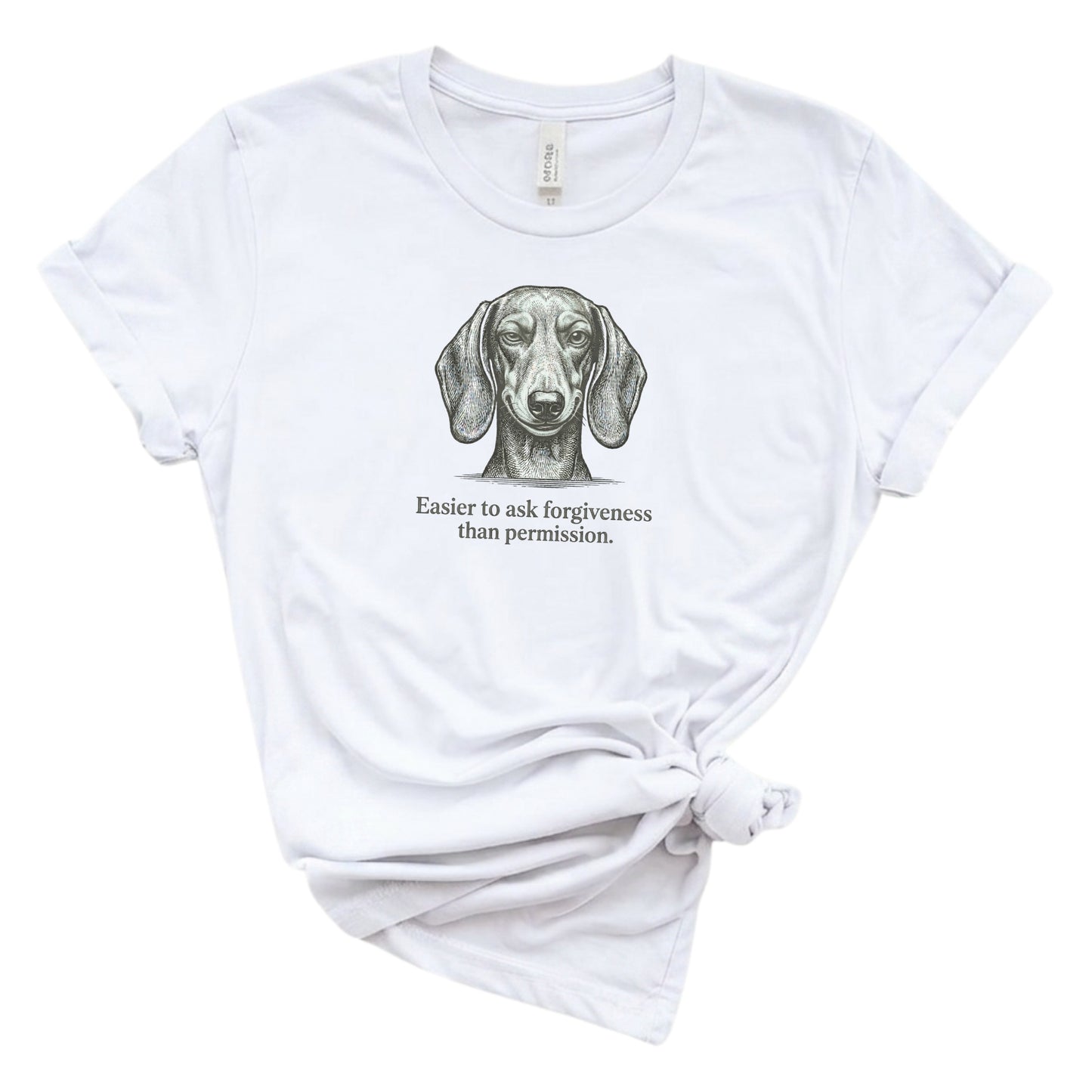 White t-shirt with a dachshund graphic and text on a white background