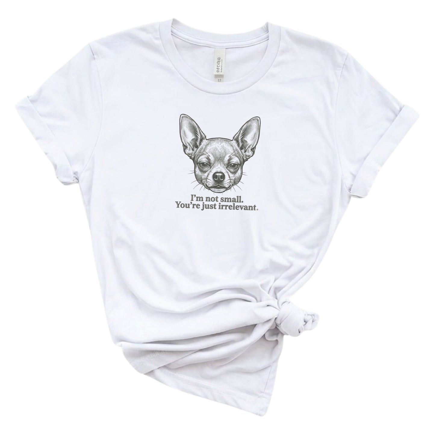 White t-shirt with a dog graphic and text on a white background