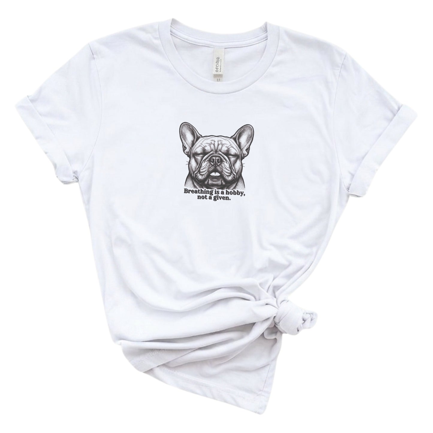 White t-shirt with a graphic of a dog and text on a white background