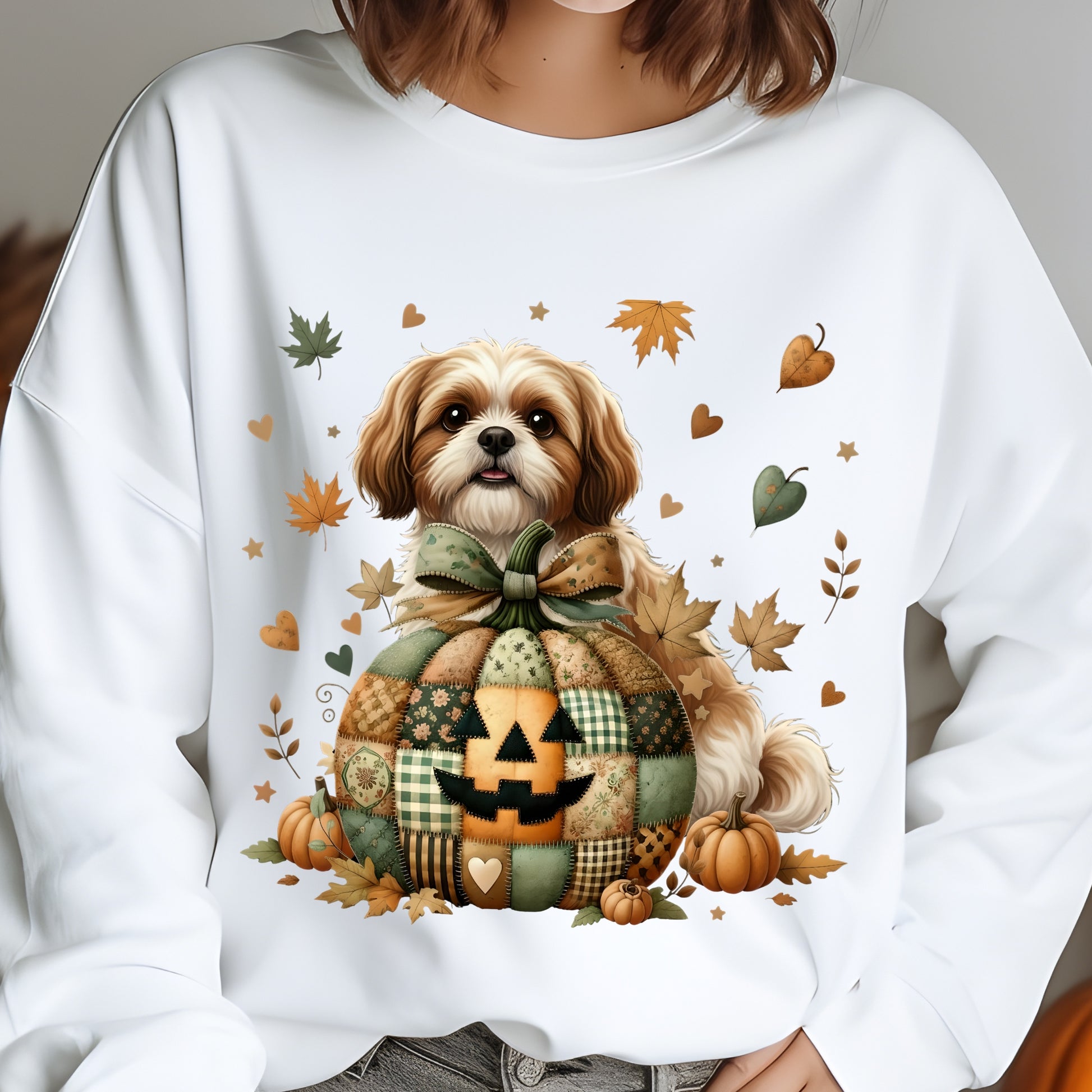 White sweatshirt with a dog and pumpkin design, featuring autumn leaves and a bow.