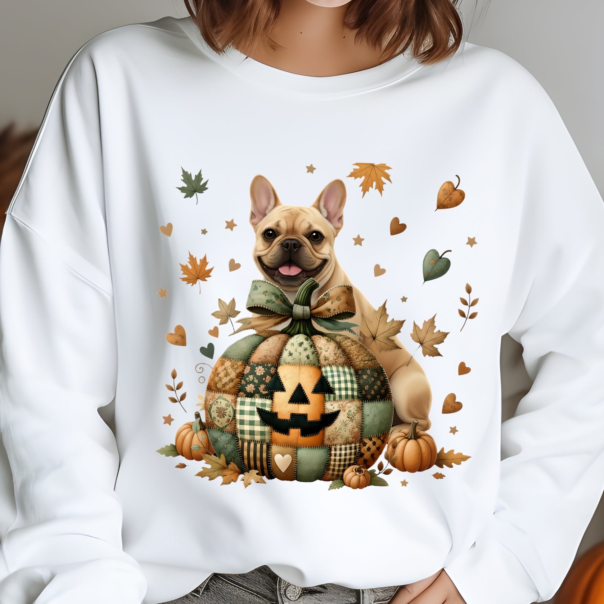White sweatshirt with a dog and pumpkin design on a gray background