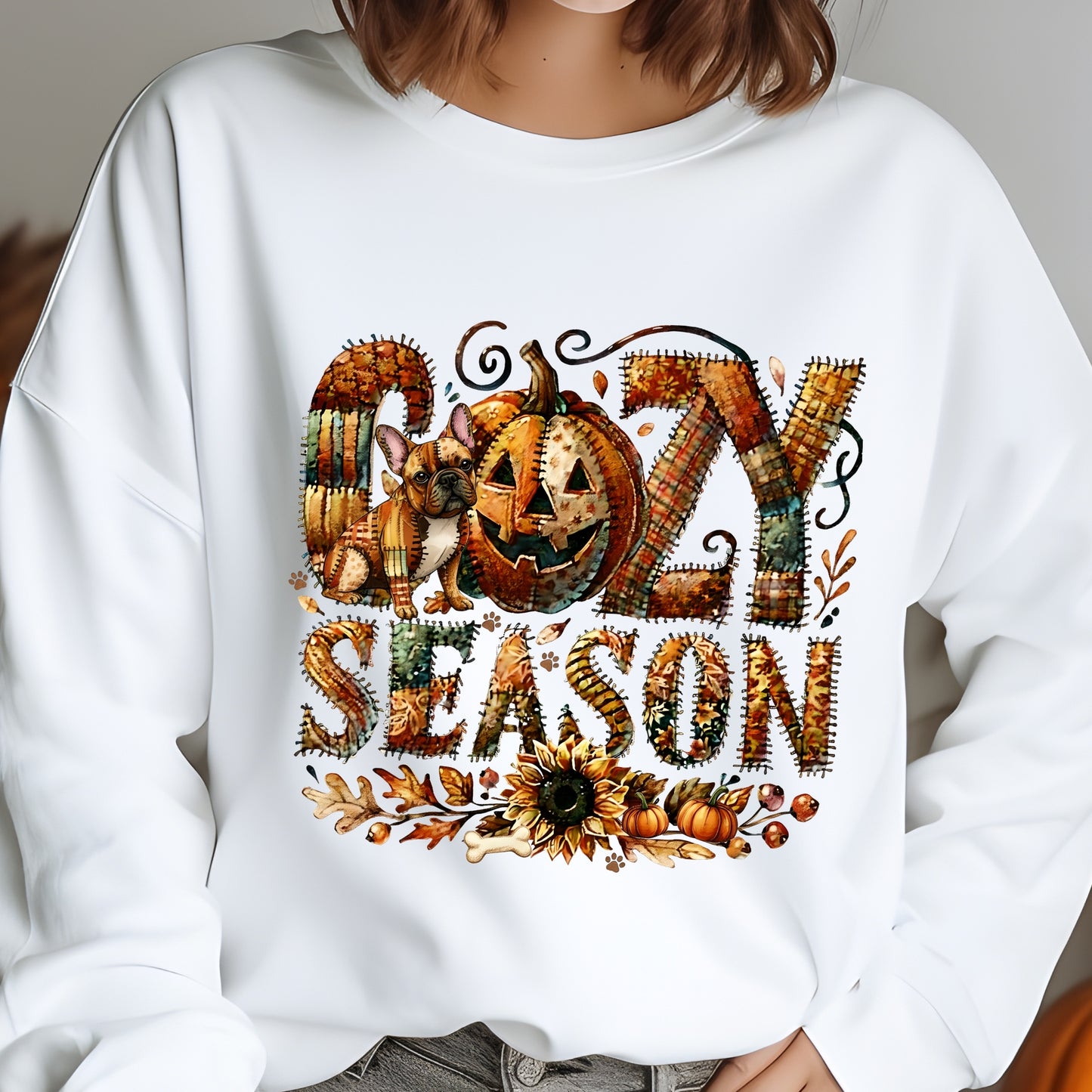 White sweatshirt with 'Ozzy Season' design featuring a dog, pumpkin, and corn stalks.
