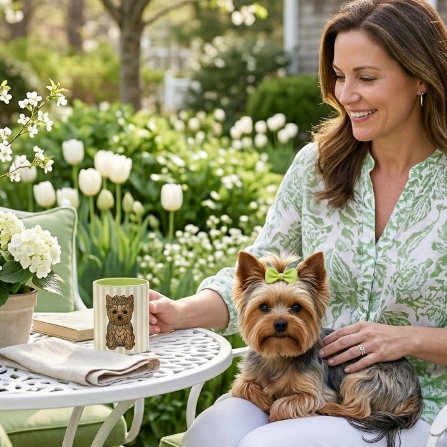 Woman sitting outdoors with a small dog, holding a mug with a dog design.