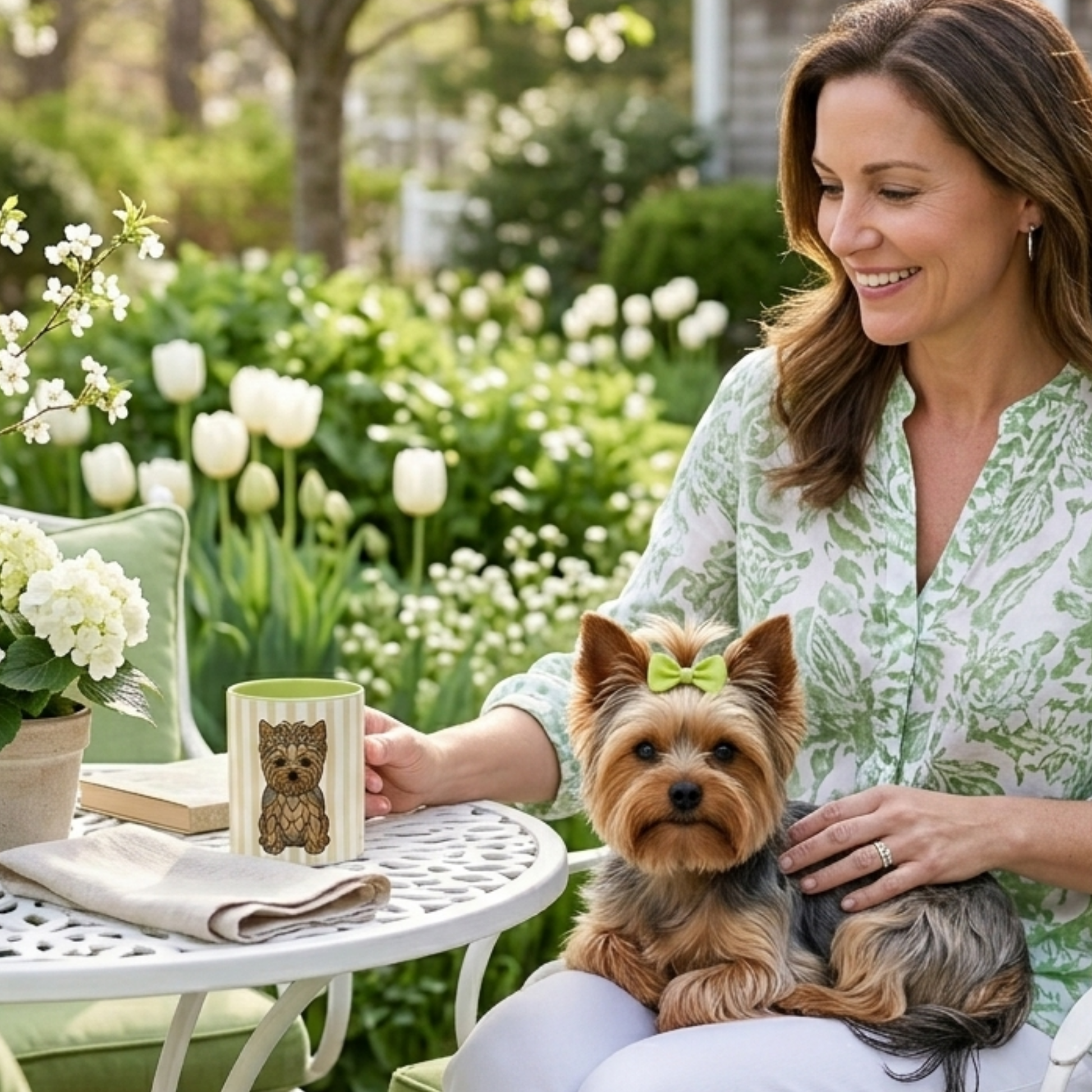 Woman sitting outdoors with a small dog, holding a mug with a dog design.