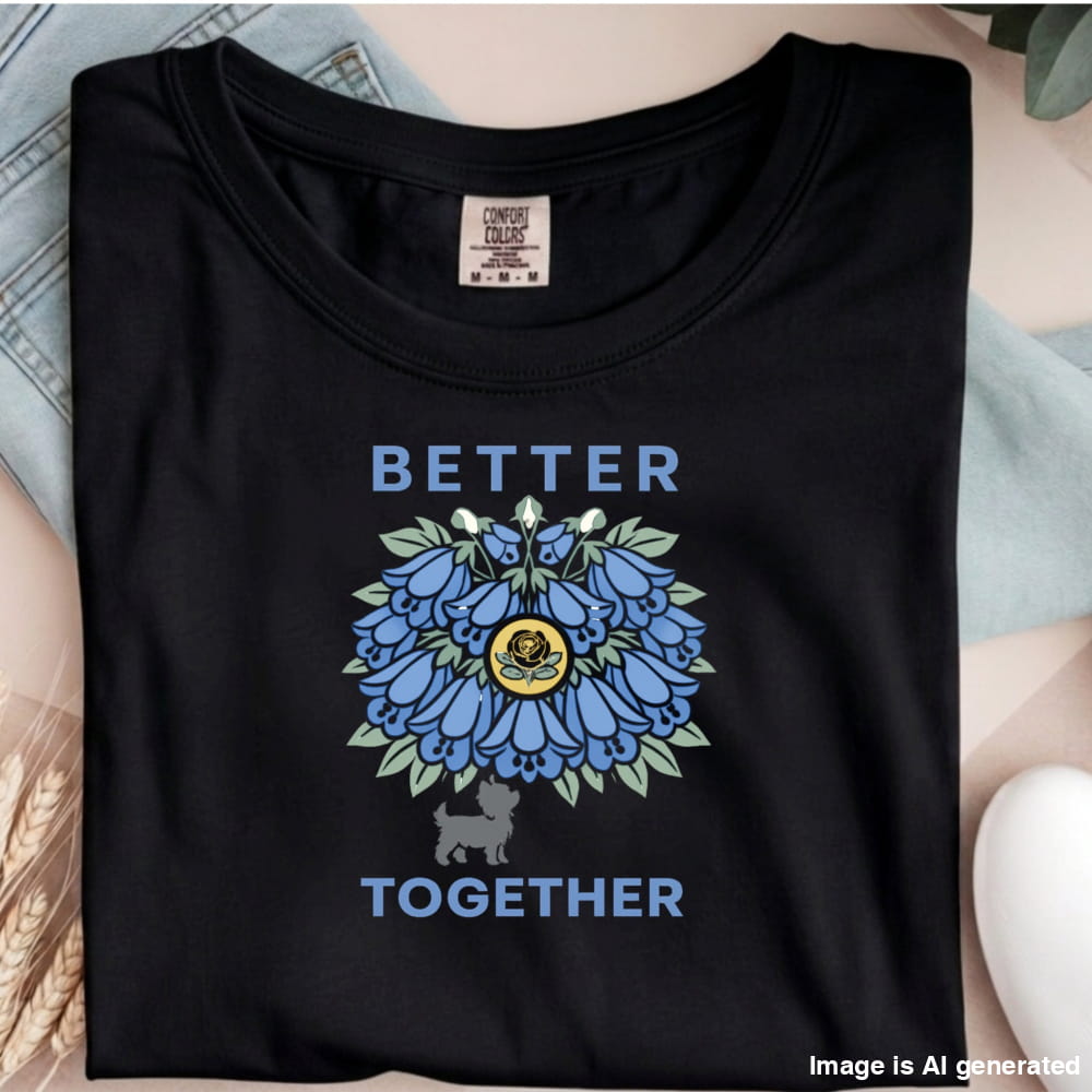 Black t-shirt with blue floral design and 'Better Together' text on a person wearing it.