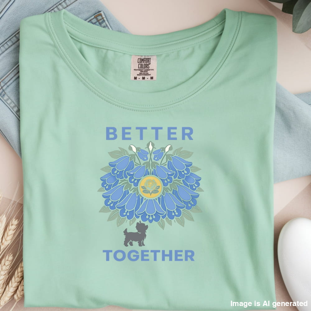 Light green t-shirt with blue floral design and 'Better Together' text on a neutral background